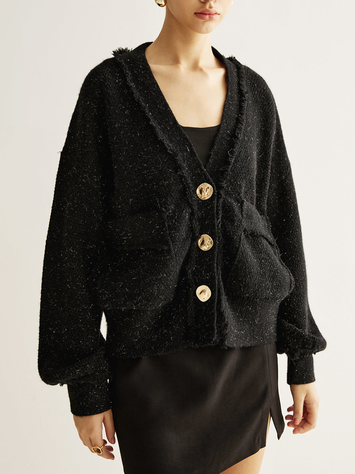 V-Neck Raw Hem Button Cardigan