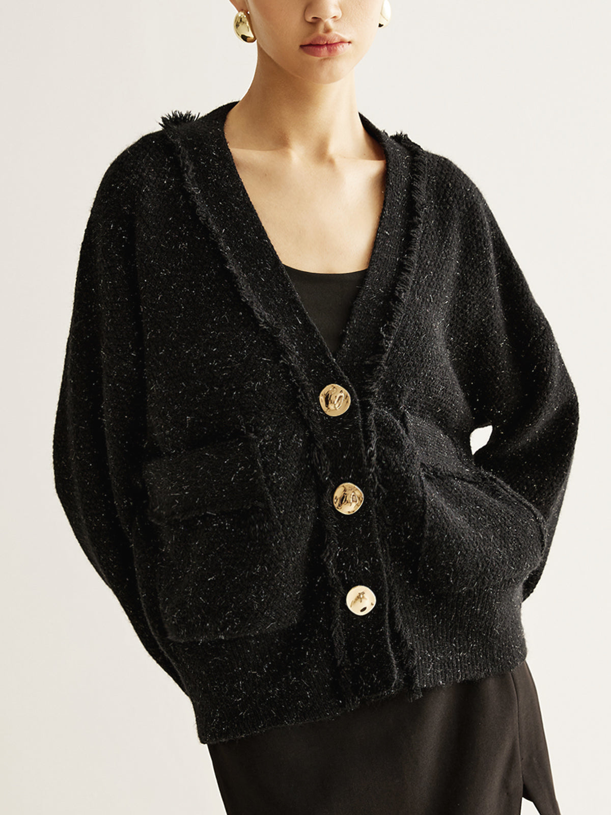 V-Neck Raw Hem Button Cardigan