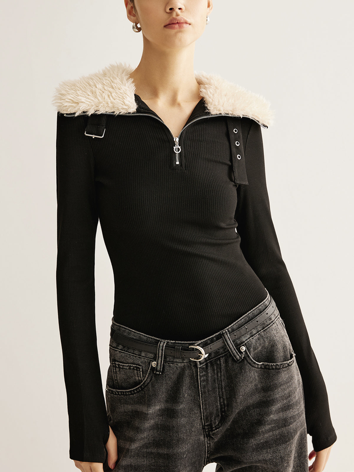 Panel Zipper Ribbed Slim Blouse