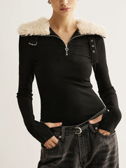 Panel Zipper Ribbed Slim Blouse