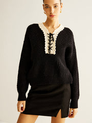 Ribbed Contrast Collar Drawstring Sweater