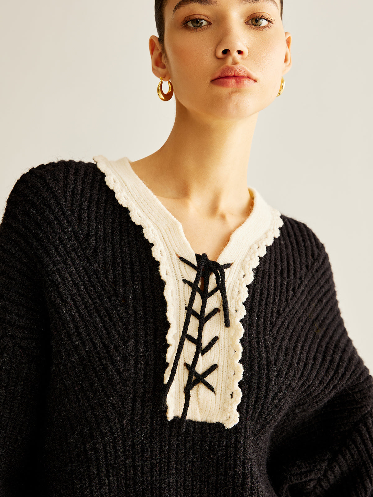 Ribbed Contrast Collar Drawstring Sweater