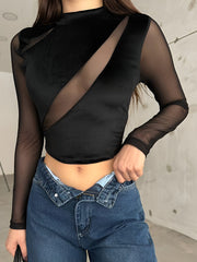 Velvet Panel Sheer Crop Blouse