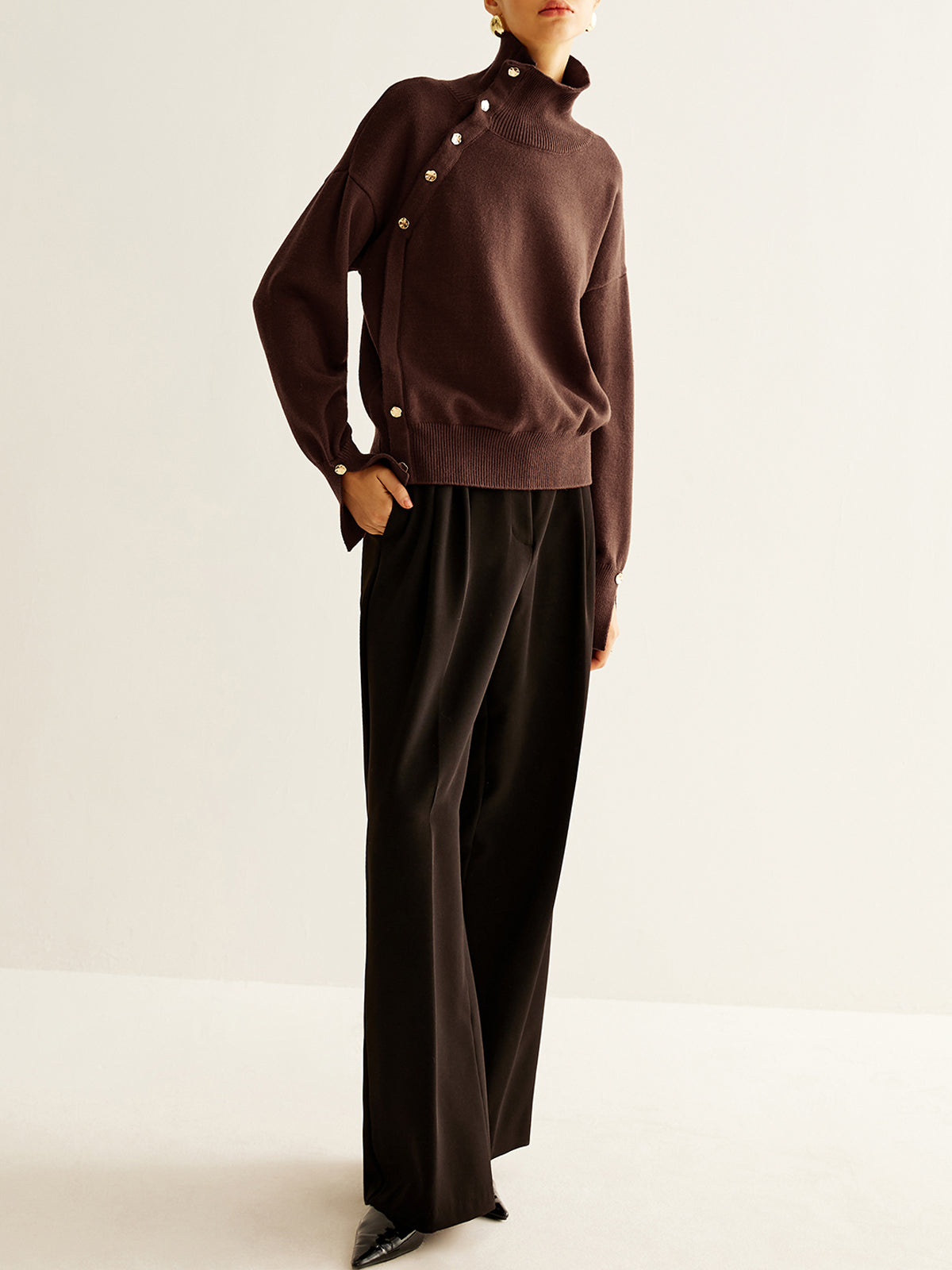 Turtleneck Asymmetrical Button Sweater