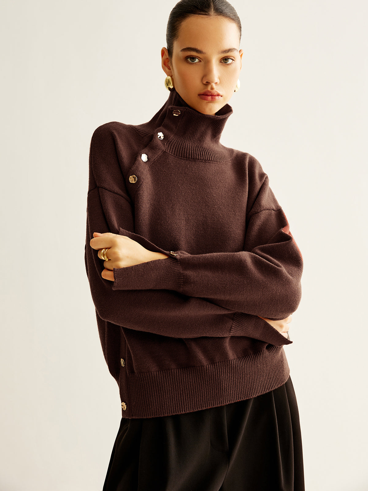 Turtleneck Asymmetrical Button Sweater