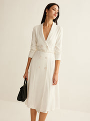 Elegant V-Neck Button Belted Dress