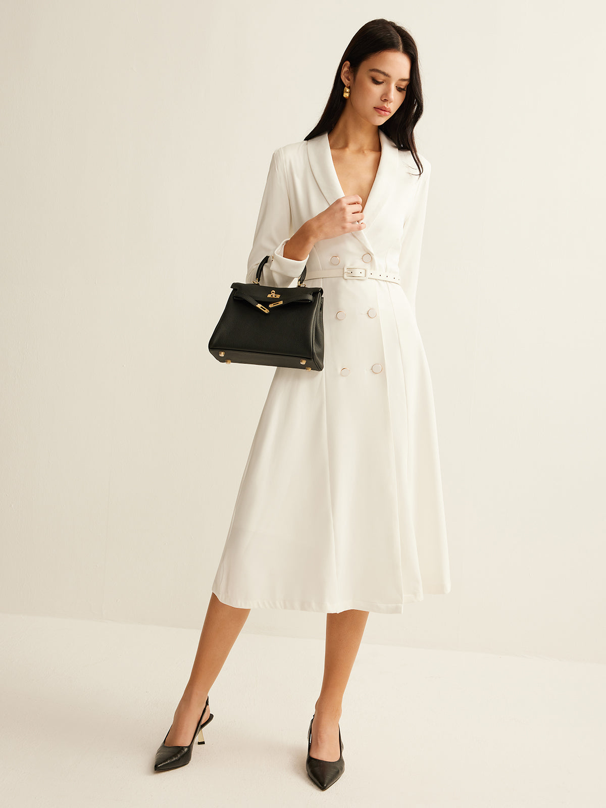 Elegant V-Neck Button Belted Dress