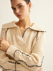 Embroidered Trim Lapel Sweater