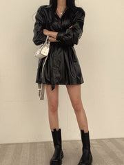 Plain Belted PU Leather Dress