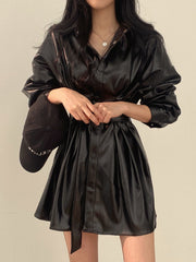 Plain Belted PU Leather Dress