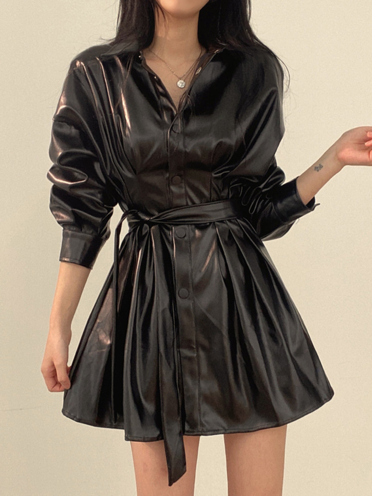 Plain Belted PU Leather Dress