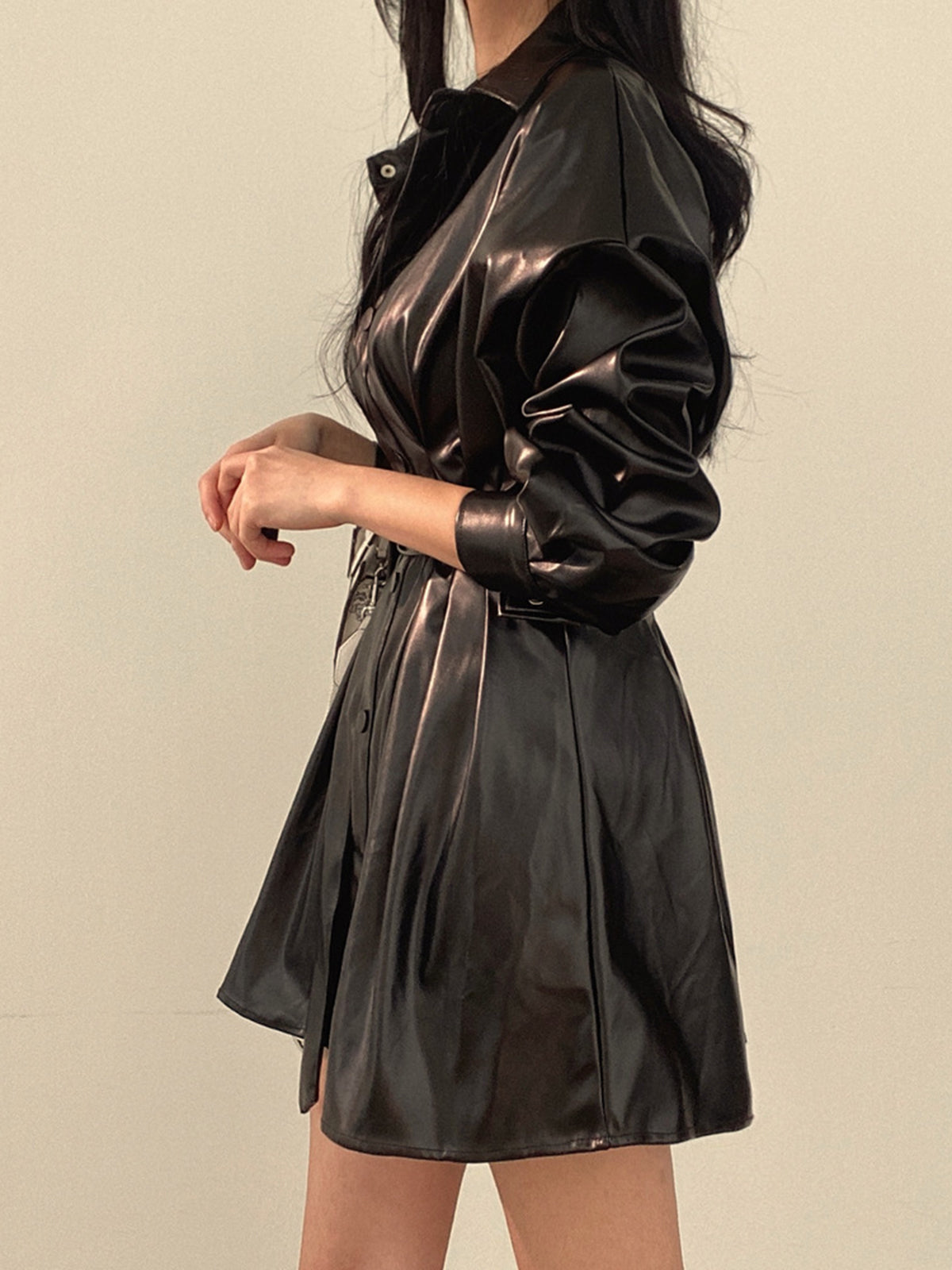 Plain Belted PU Leather Dress