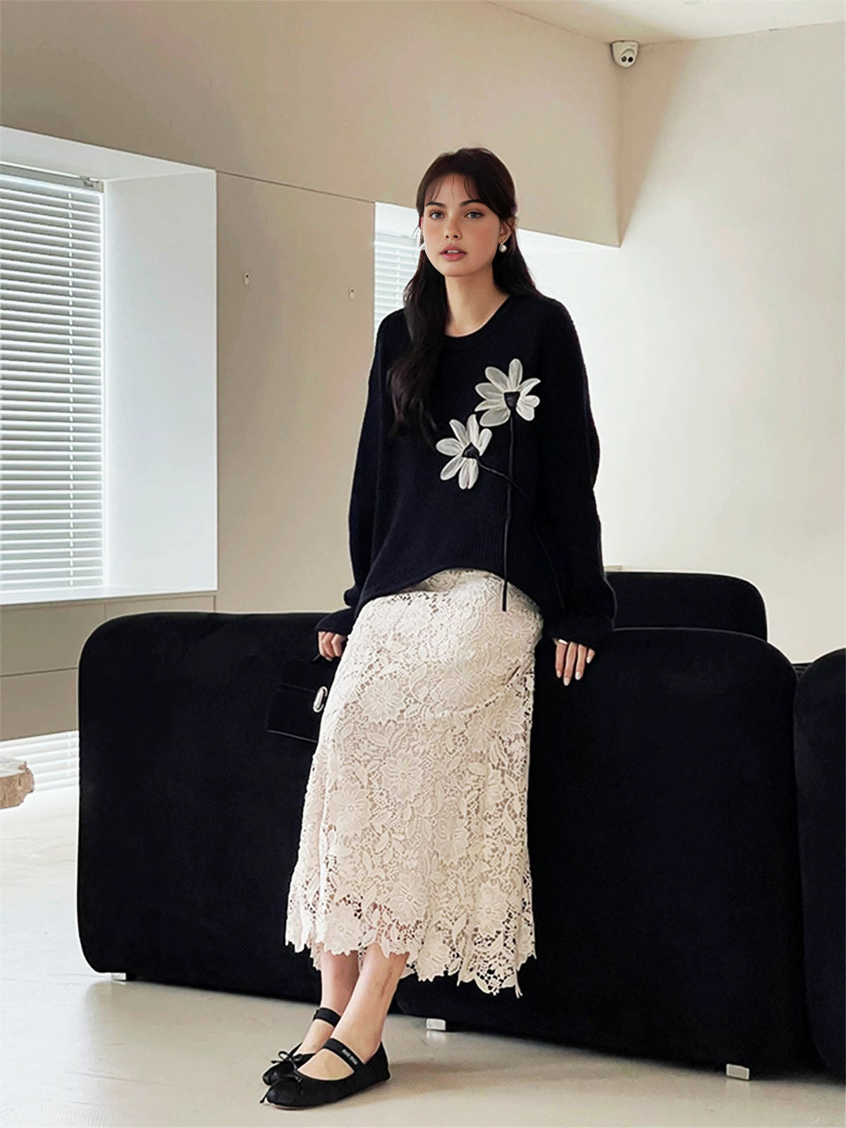 Floral-Decor Ribbed Sweater