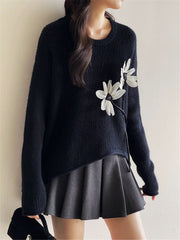 Floral-Decor Ribbed Sweater