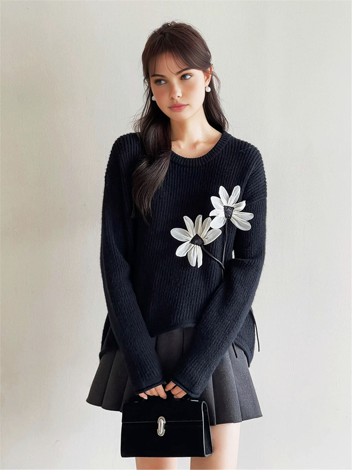 Floral-Decor Ribbed Sweater