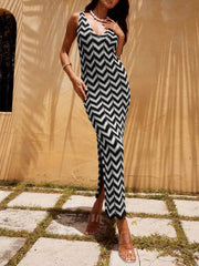 Summer V-Neck Striped Crochet Slit Sexy Maxi Dress