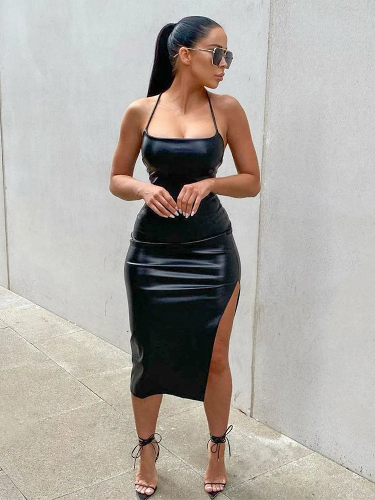 Bandage Backless Pu Leather Dress Sexy Slim Split Party Dress Clubwear Slash Neck Sleeveless Midi Dresses For Women 2024