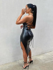 Bandage Backless Pu Leather Dress Sexy Slim Split Party Dress Clubwear Slash Neck Sleeveless Midi Dresses For Women 2024