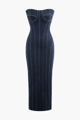 Basia Blue Slit Denim Zipper Strapless Maxi Dress