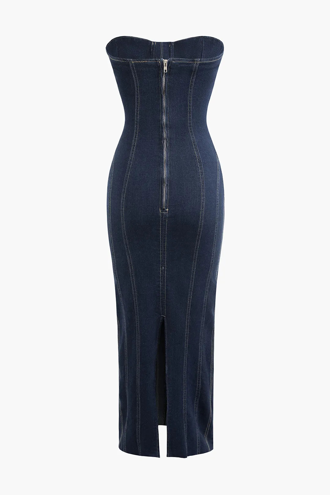 Basia Blue Slit Denim Zipper Strapless Maxi Dress