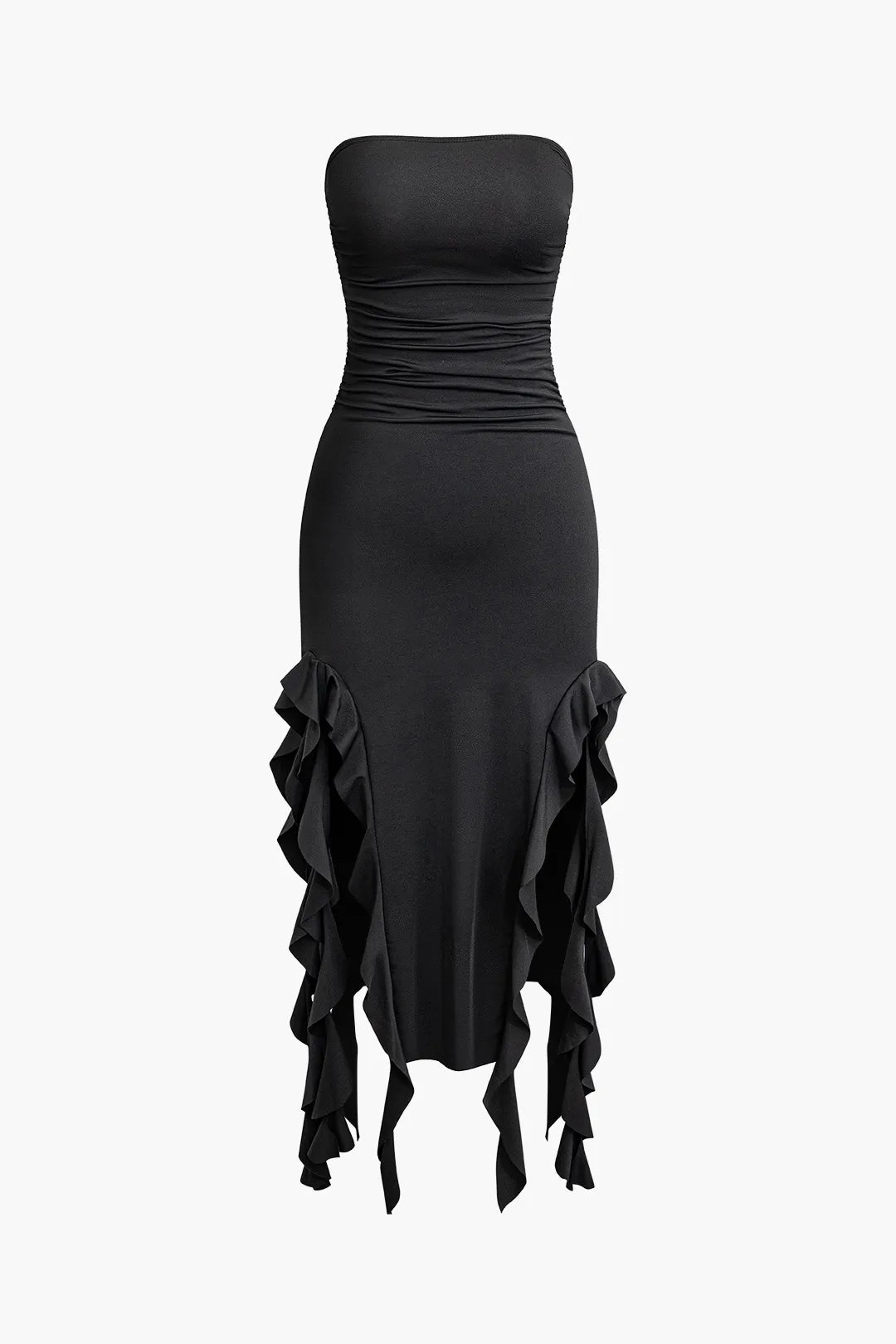 Bayley Solid Black Ruffle Hem Ruched Tube Maxi Dress