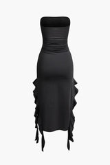 Bayley Solid Black Ruffle Hem Ruched Tube Maxi Dress