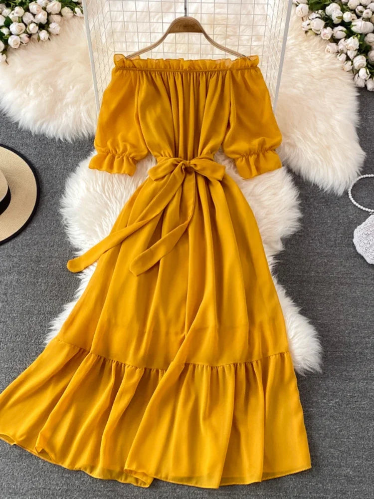 Beach Dress Women Sexy Off The Shoulder Slash Beach Chiffon Dresses Ladies Elegant A Line Bandage Party Dress Long Robe