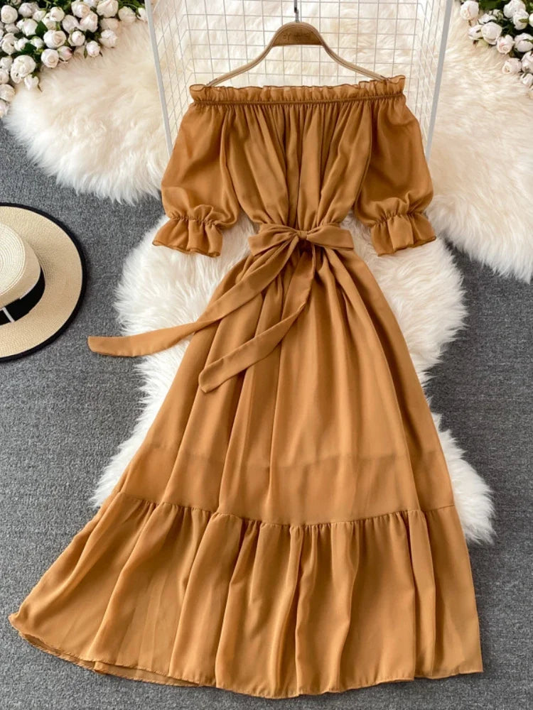 Beach Dress Women Sexy Off The Shoulder Slash Beach Chiffon Dresses Ladies Elegant A Line Bandage Party Dress Long Robe