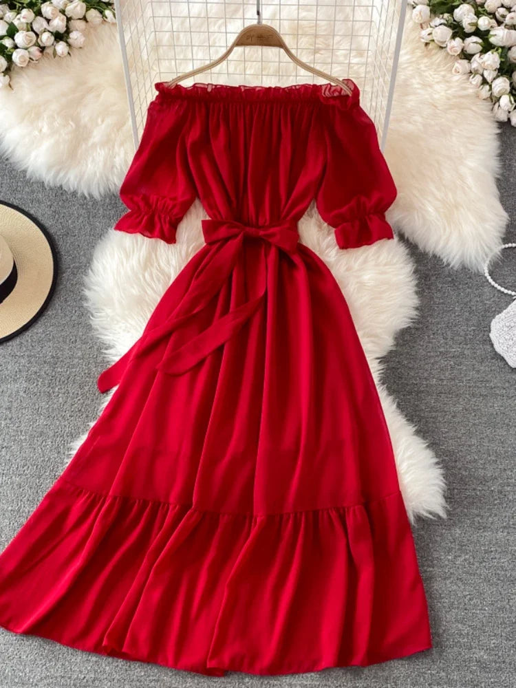 Beach Dress Women Sexy Off The Shoulder Slash Beach Chiffon Dresses Ladies Elegant A Line Bandage Party Dress Long Robe