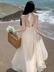 Beach Holiday Dress 2024 Summer Sleeveless Halter Long Dresses Women Backless A-line V-neck Party Wedding Prom Robe Ropa Mujer