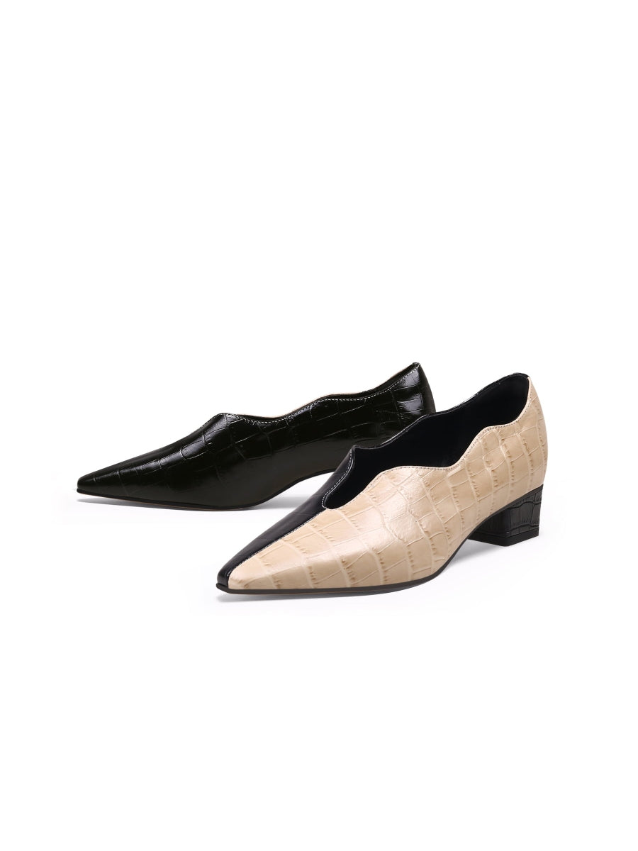 JadyRose | Color-Block Croc-Embossed Point Toe Mid Heel Leather Pumps - Beige