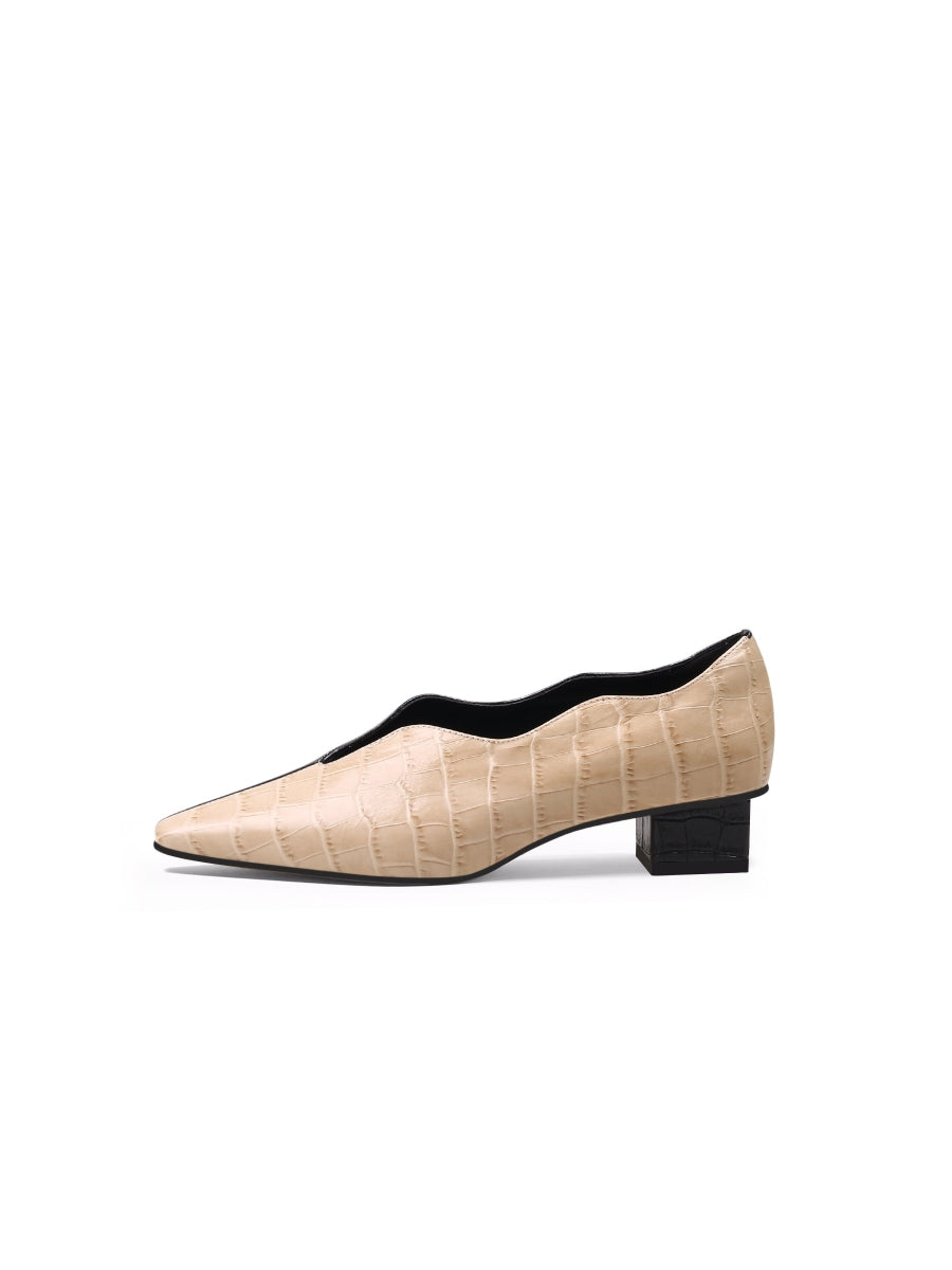 JadyRose | Color-Block Croc-Embossed Point Toe Mid Heel Leather Pumps - Beige