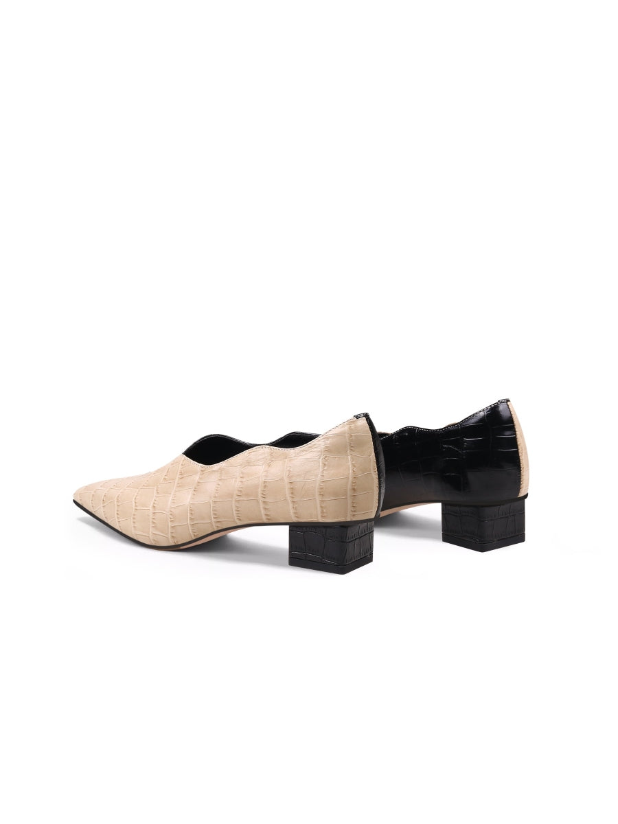 JadyRose | Color-Block Croc-Embossed Point Toe Mid Heel Leather Pumps - Beige