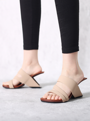 JadyRose | Beige Cross Strap Leather Wedge Slides Sandals