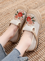 Cactus Rose | Double Kiss Floral Embroidered Linen Espadrilles - Beige