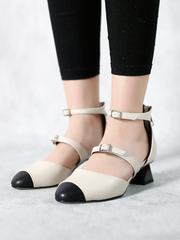 JadyRose | Genuine Leather Block Color Equilateral Trapezoid Heeled Sandals Mary Jane Shoes - Beige