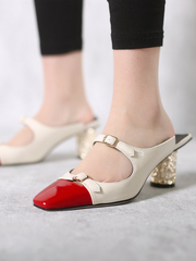 JadyRose | Bar-Accent Golden Mid Heel Leather Mules Loafers - Beige