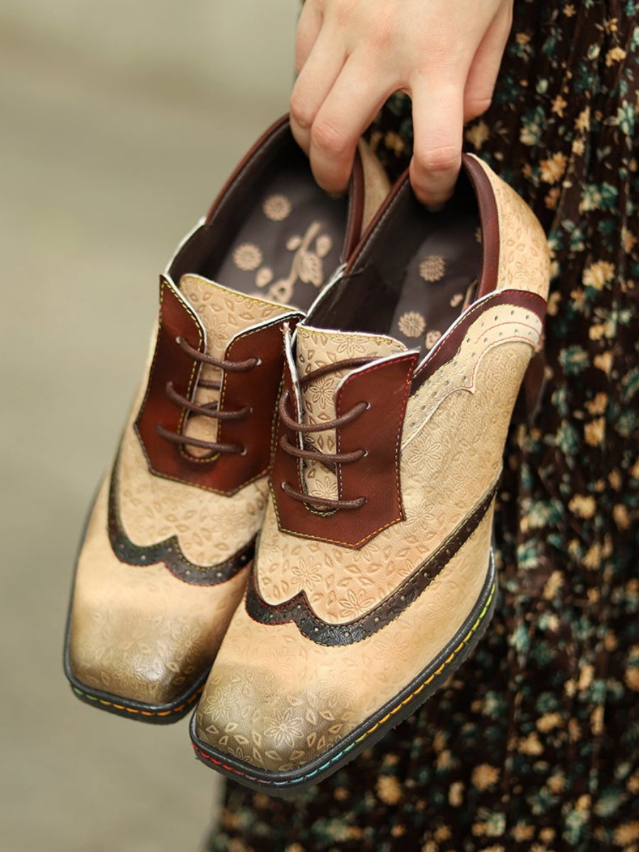 SOFFIA | Genuine Leather Floral Embossed Adele Low Heel Oxford Shoes