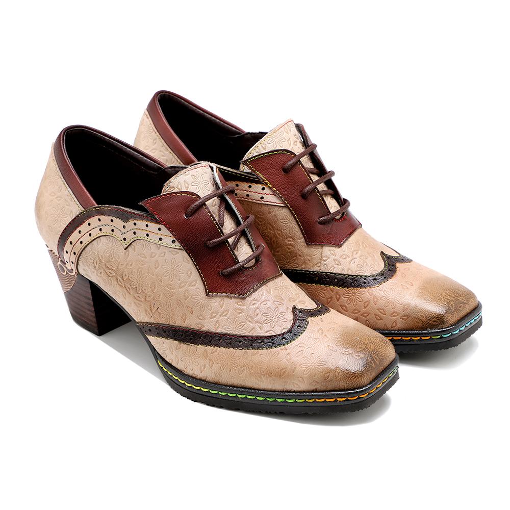 SOFFIA | BEIGE LEATHER ADELE BLOCK HEEL BROGUES OXFORD