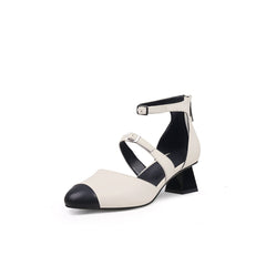 JadyRose | Genuine Leather Block Color Equilateral Trapezoid Heeled Sandals Mary Jane Shoes - Beige