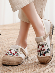 Cactus Rose | Berry Daisy Embroidered Linen Round Toe Espadrilles Loafers - Beige