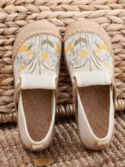 Cactus Rose | Field Corn Embroidered Round Toe Linen Espadrilles - Beige