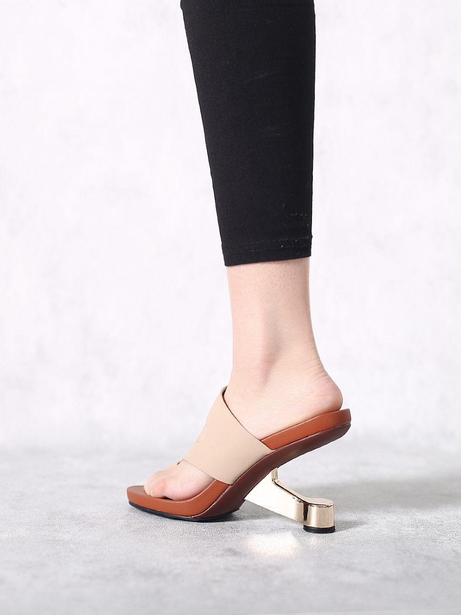 JadyRose | Beige Criss-Cross Toe Elevator Heel Leather Slides Sandals