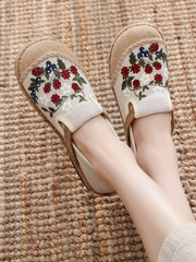 Cactus Rose | Berry Daisy Embroidered Linen Round Toe Espadrilles Loafers - Beige