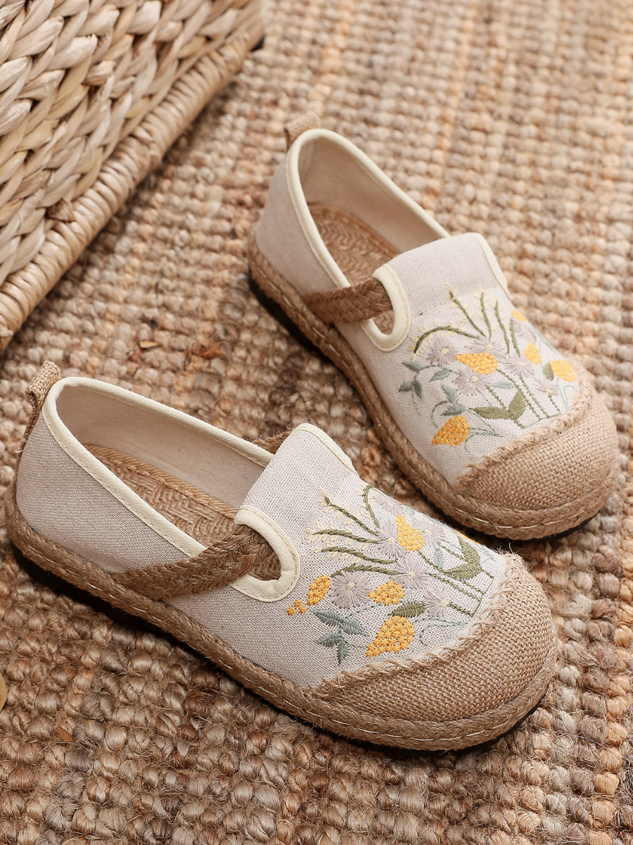 Cactus Rose | Field Corn Embroidered Round Toe Linen Espadrilles - Beige