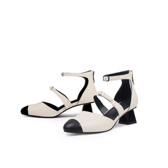 JadyRose | Genuine Leather Block Color Equilateral Trapezoid Heeled Sandals Mary Jane Shoes - Beige