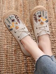 Cactus Rose | Garden Embroidered Linen Boat Shoes Espadrilles - Beige