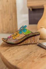 SOFFIA | Beige Floral Appliqued Leather Wedge Mule