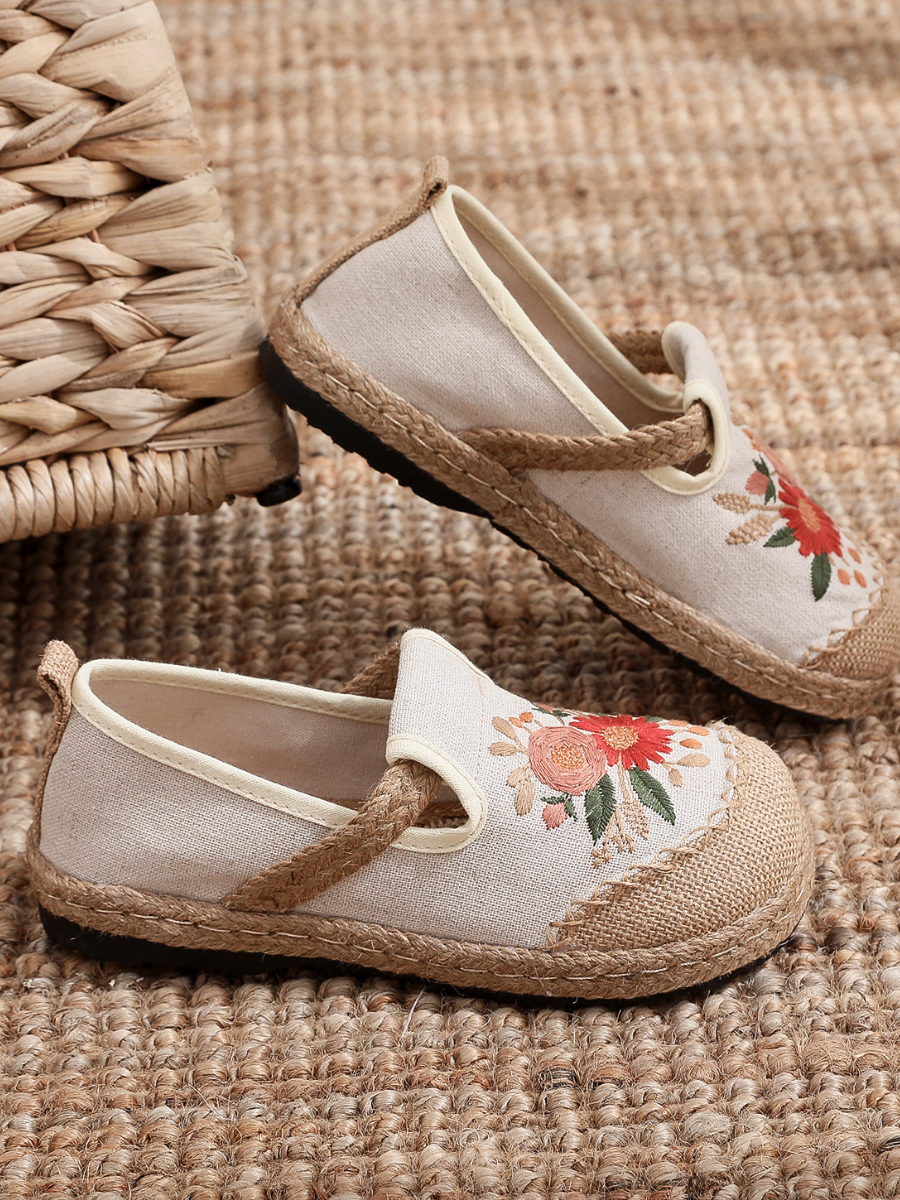 Cactus Rose | Double Kiss Floral Embroidered Linen Espadrilles - Beige