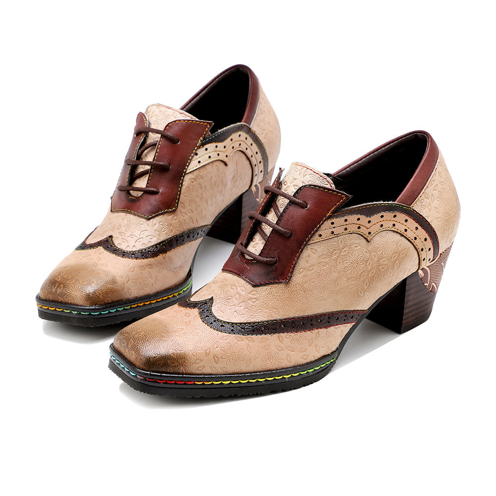 SOFFIA | Genuine Leather Floral Embossed Adele Low Heel Oxford Shoes